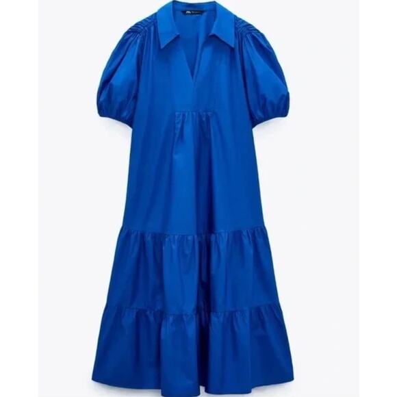 Zara Cotton Poplin Midi Dress Medium Cobalt Royal Blue Collared Tiered Preppy - Picture 4 of 12